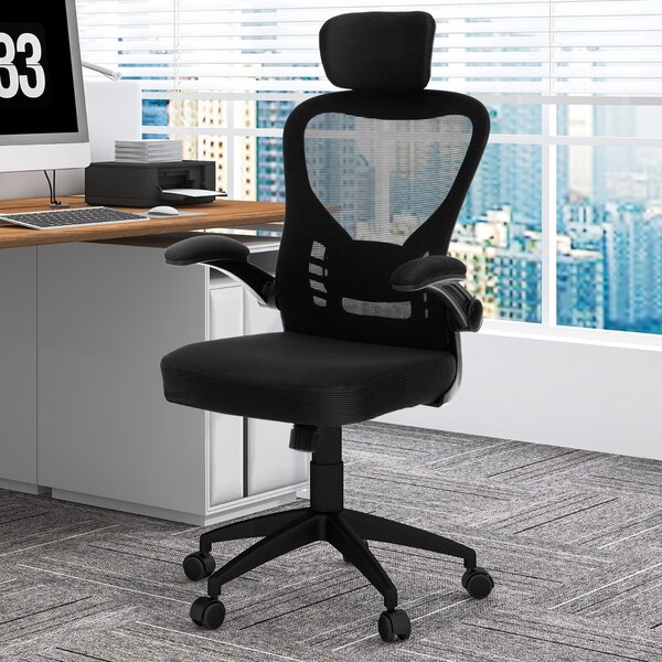 Costway Sedia da ufficio ergonomica in rete con altezza regolabile braccioli ribaltabili, Sedia direzionale per studio Nero