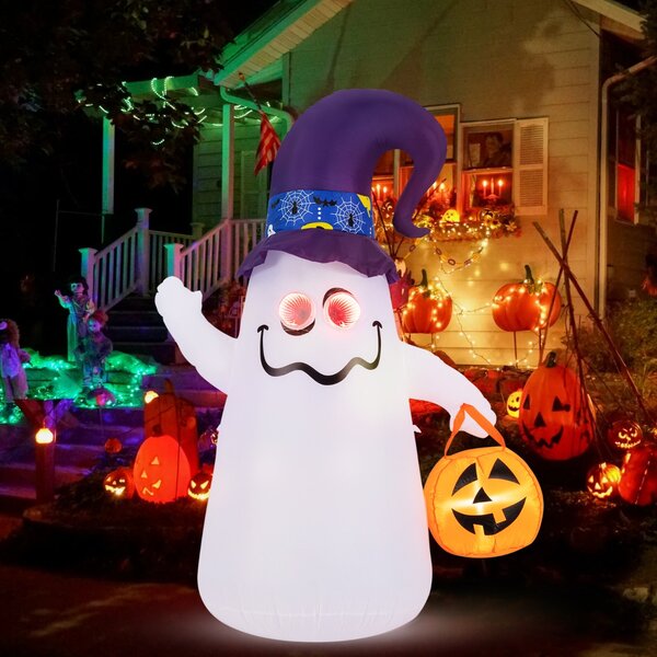 Costway Halloween inflatabile 180cm con jack-o-lantern cappello da strega luce ad effetto specchio infinito, Fantasma carino