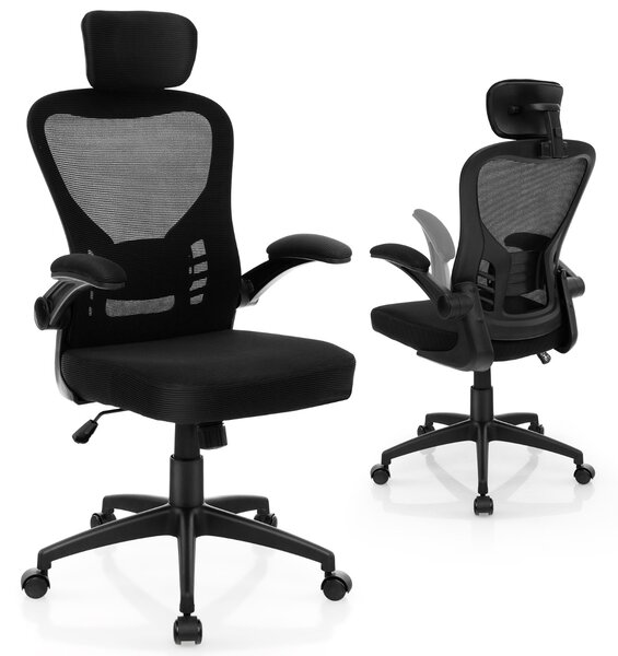 Costway Sedia da ufficio ergonomica in rete con altezza regolabile braccioli ribaltabili, Sedia direzionale per studio Nero