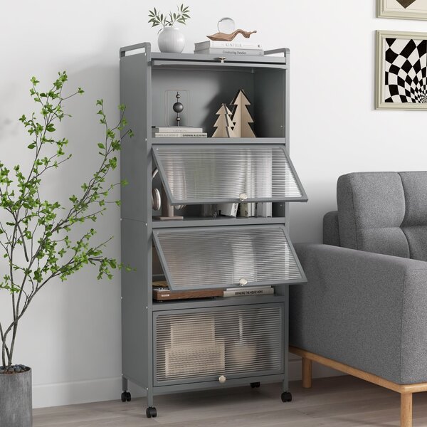 Costway Supporto mobile con porte PC a scomparsa, Armadio da cucina autoportante con 4 ruote girevoli 60x32x154cm Grigio