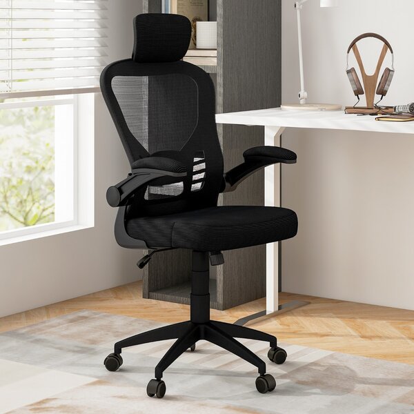 Costway Sedia da ufficio ergonomica in rete con altezza regolabile braccioli ribaltabili, Sedia direzionale per studio Nero