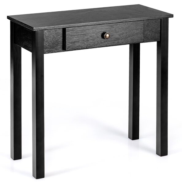 Costway Tavolino consolle con cassetto gambe in legno massello, Scrivania da veranda per soggiorno bagno ingresso Nero