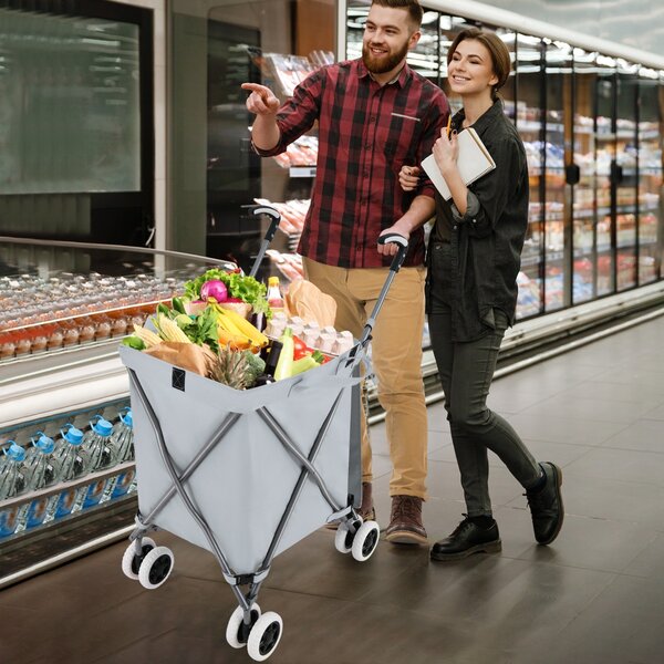 Costway Carrello pieghevole con ruote fodera in tessuto oxford rimovibile impermeabile, Carrello della spesa leggera Grigio