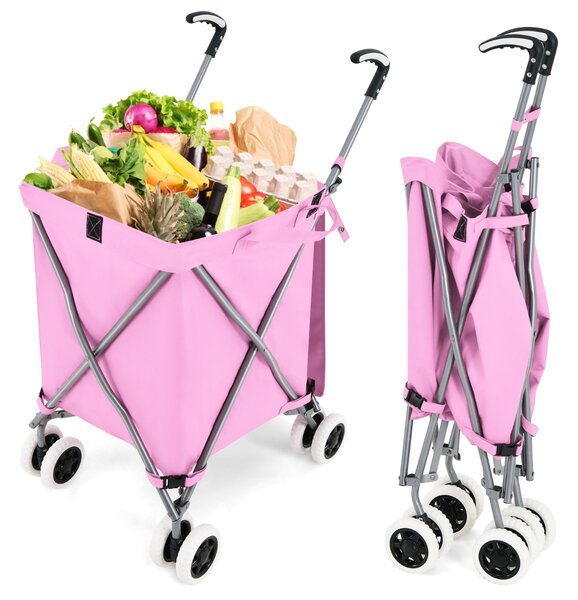 Costway Carrello pieghevole con ruote fodera in tessuto oxford rimovibile impermeabile, Carrello della spesa leggera Rosa