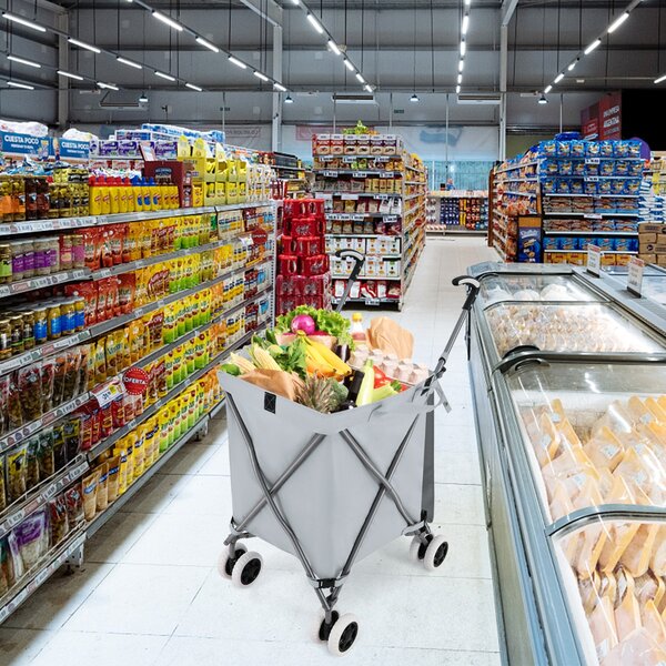 Costway Carrello pieghevole con ruote fodera in tessuto oxford rimovibile impermeabile, Carrello della spesa leggera Grigio