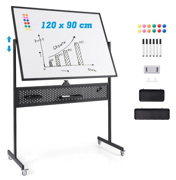 Costway Lavagna mobile da 120x90cm con supporto pannello e accessori, Lavagna a 2 lati da pavimento per casa ufficio aula Nero