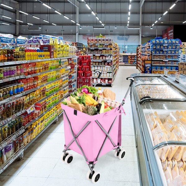 Costway Carrello pieghevole con ruote fodera in tessuto oxford rimovibile impermeabile, Carrello della spesa leggera Rosa