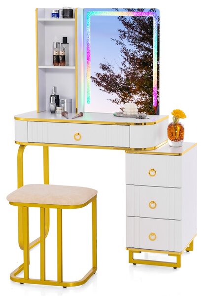 Costway Toeletta da trucco RGB con specchio 7 luci LED dinamiche porte USB type-c e 4 cassetti, Tavolo da trucco Bianco