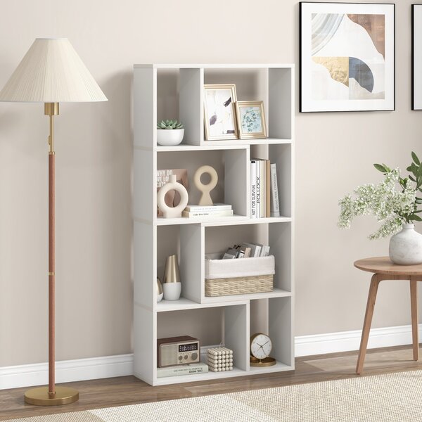 Costway Libreria geometrica a 4 ripiani da 120cm, Organizzatore di stoccaggio moderno con 8 cubi in legno per soggiorno Bianco