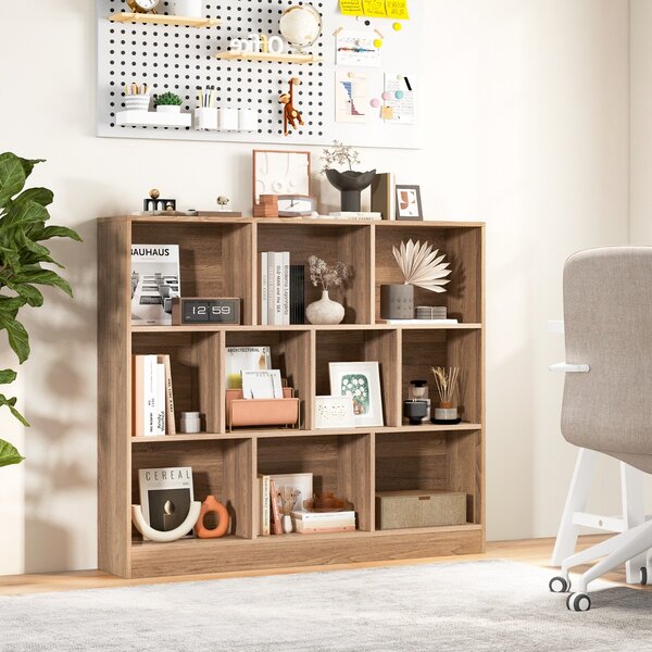 Costway Libreria a 10 cubi con 2 kit anti-ribaltamento, Organizzatore di stoccaggio a 3 ripiani in legno alto 104cm Naturale