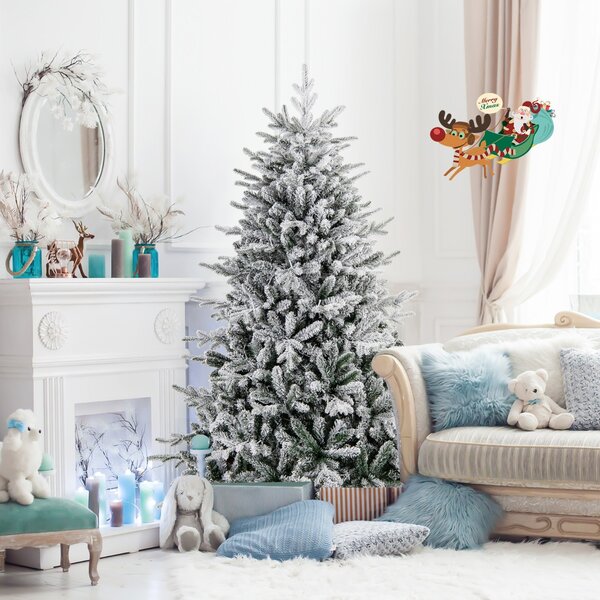 Costway Albero di Natale artificiale rivestito di neve di 186cm, Albero decorativo con cerniera e 8 modalità luminose