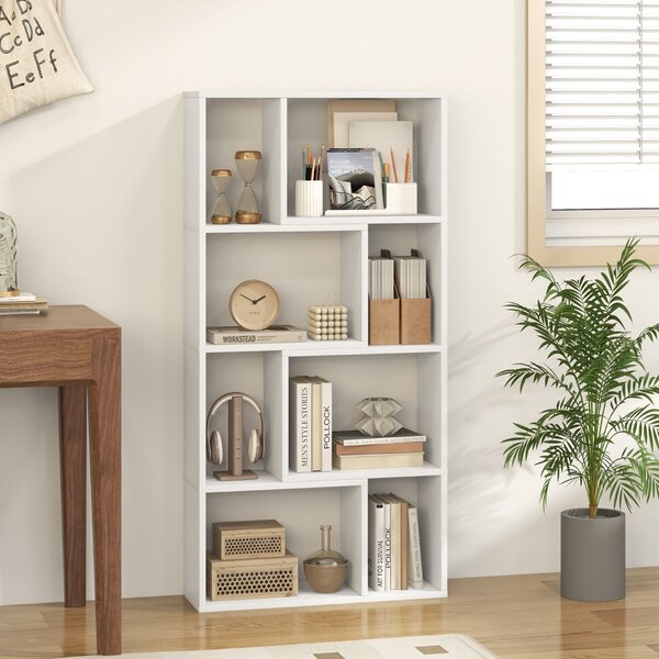 Costway Libreria geometrica a 4 ripiani da 120cm, Organizzatore di stoccaggio moderno con 8 cubi in legno per soggiorno Bianco