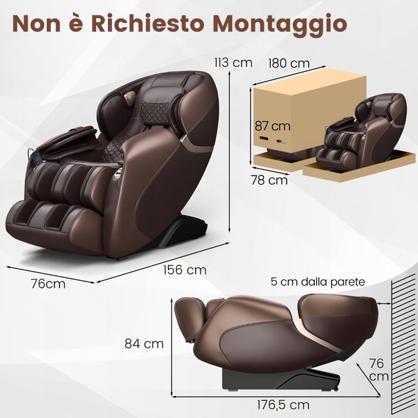 Costway Sedia da massaggio con funzione di controllo vocale traccia SL sistema di riscaldamento incorporato, Sedia shiatsu a gravità zero Marrone