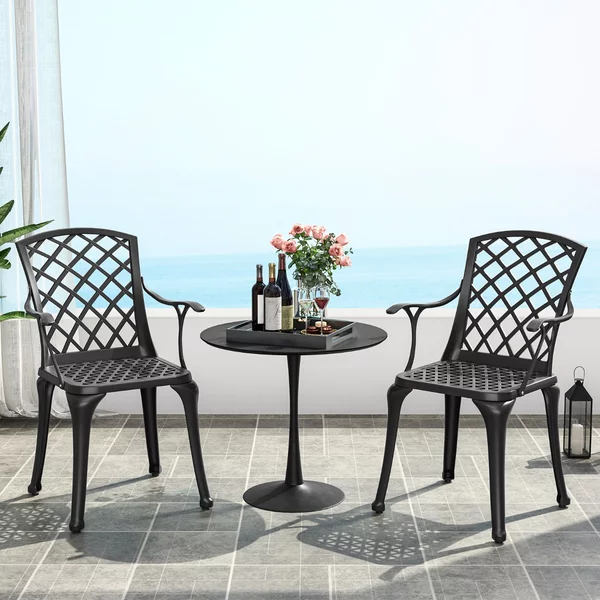 Costway Set di 2 sedie da pranzo in alluminio pressofuso, Sedie da esterno con sedile curvo ergonomico e piedini regolabili Nero