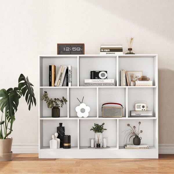 Costway Libreria a 10 cubi con 2 kit anti-ribaltamento, Organizzatore di stoccaggio a 3 ripiani in legno alto 104cm Bianco