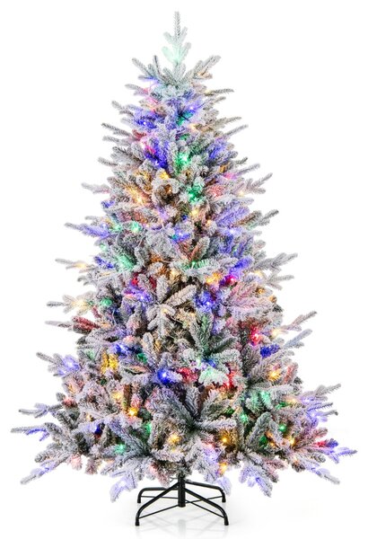 Costway Albero di Natale artificiale rivestito di neve di 186cm, Albero decorativo con cerniera e 8 modalità luminose