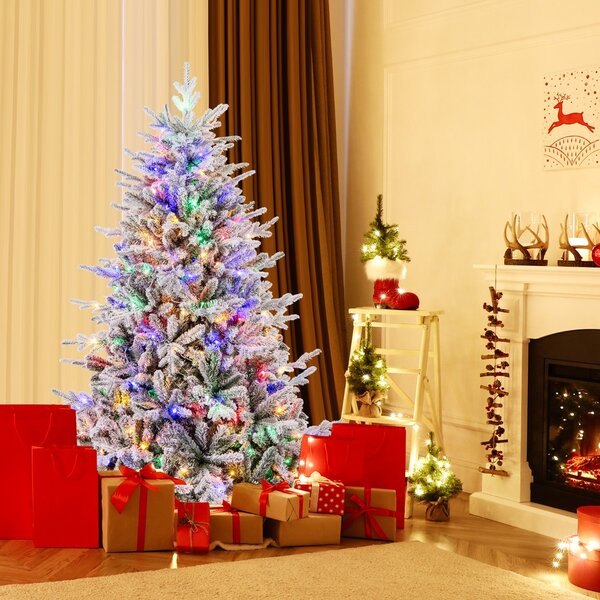 Costway Albero di Natale artificiale rivestito di neve di 186cm, Albero decorativo con cerniera e 8 modalità luminose