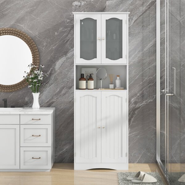 Costway Armadio da bagno alto 164cm con porte in vetro satinato e ripiani, Mobile autonomo per cucina soggiorno ufficio Bianco