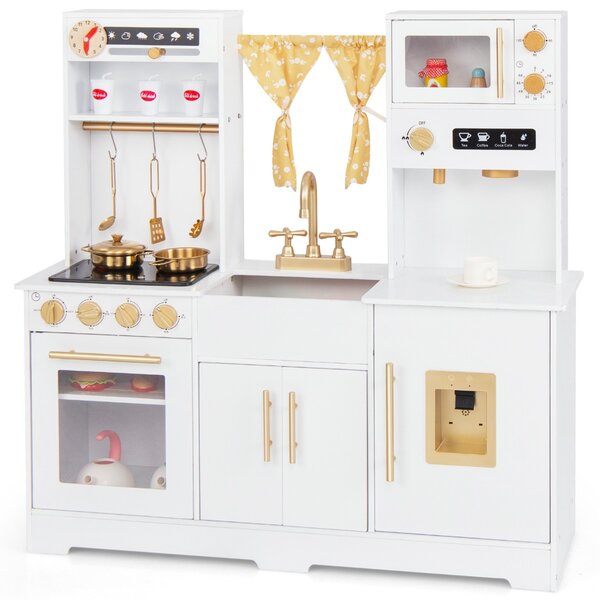 Costway Cucina da gioco per bambini dai 3+ anni con macchina da caffè lavello rubinetto e fornelli, Set di accessori in legno Bianco