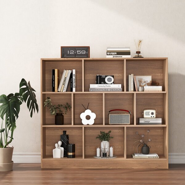 Costway Libreria a 10 cubi con 2 kit anti-ribaltamento, Organizzatore di stoccaggio a 3 ripiani in legno alto 104cm Naturale