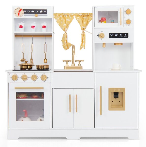 Costway Cucina da gioco per bambini dai 3+ anni con macchina da caffè lavello rubinetto e fornelli, Set di accessori in legno Bianco