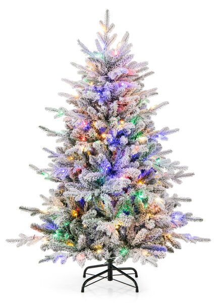 Costway Albero di Natale artificiale rivestito di neve di 135cm, Albero decorativo con cerniera e 8 modalità luminose