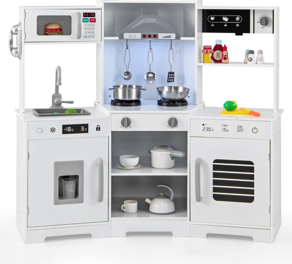 Costway Set di giocattoli in legno con cappa macchina del ghiaccio lavello rubinetto, Cucina da gioco per bambini 3+ anni Bianco