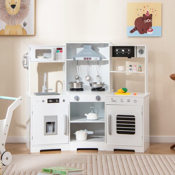 Costway Set di giocattoli in legno con cappa macchina del ghiaccio lavello rubinetto, Cucina da gioco per bambini 3+ anni Bianco