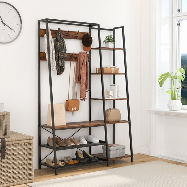 Costway Appendiabiti con ripiani 9 ganci 5 ripiani laterali e 2 ripiani in rete, Scaffale d'ingresso 5-in-1 in metallo Marrone