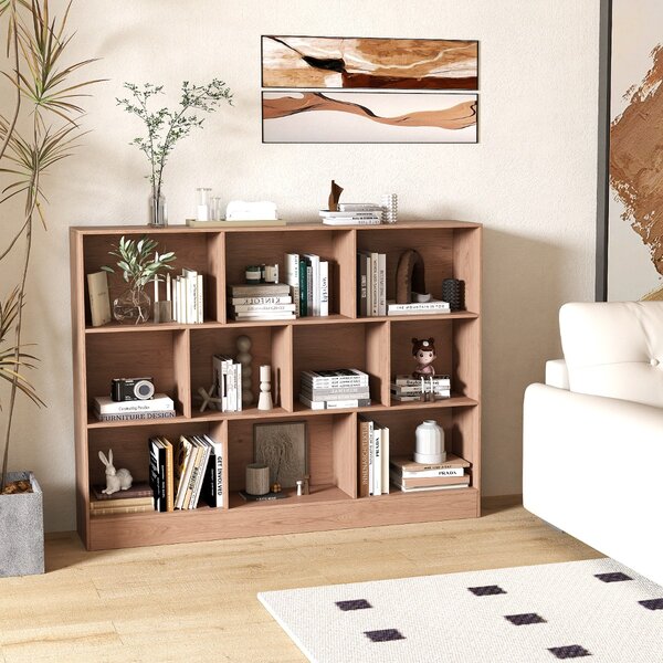 Costway Libreria a 10 cubi con 2 kit anti-ribaltamento, Organizzatore di stoccaggio a 3 ripiani in legno alto 140cm Naturale