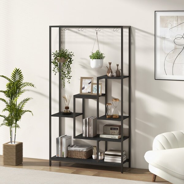 Costway Scaffale per piante 180cm a 6 livelli con 10 ganci e ripiani per piante, Scaffale porta piante in metallo Nero