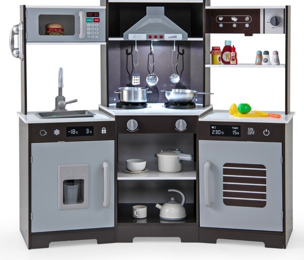 Costway Set di giocattoli in legno con cappa macchina del ghiaccio lavello rubinetto, Cucina da gioco per bambini 3+ anni Marrone