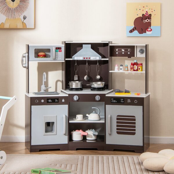 Costway Set di giocattoli in legno con cappa macchina del ghiaccio lavello rubinetto, Cucina da gioco per bambini 3+ anni Marrone