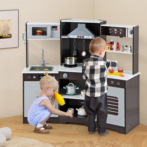 Costway Set di giocattoli in legno con cappa macchina del ghiaccio lavello rubinetto, Cucina da gioco per bambini 3+ anni Marrone