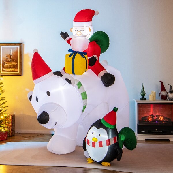 Costway Orso polare gonfiabile illuminato alto 210cm, Babbo Natale gonfiabile che cavalca orso con pinguino sacchetti regalo