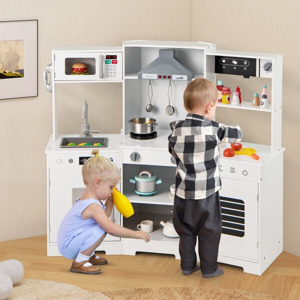 Costway Set di giocattoli in legno con cappa macchina del ghiaccio lavello rubinetto, Cucina da gioco per bambini 3+ anni Bianco