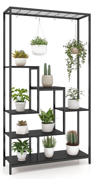 Costway Scaffale per piante 180cm a 6 livelli con 10 ganci e ripiani per piante, Scaffale porta piante in metallo Nero