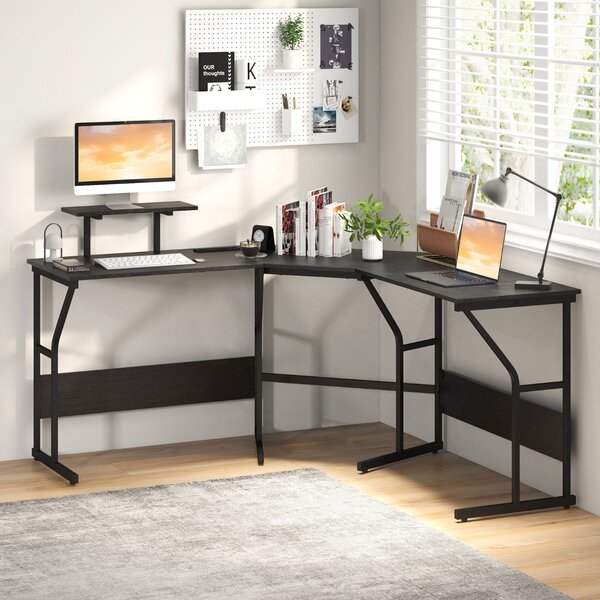 Costway Scrivania ad angolo a forma di L con presa elettrica, Scrivania per computer con supporto monitor movibile da 225cm Nero