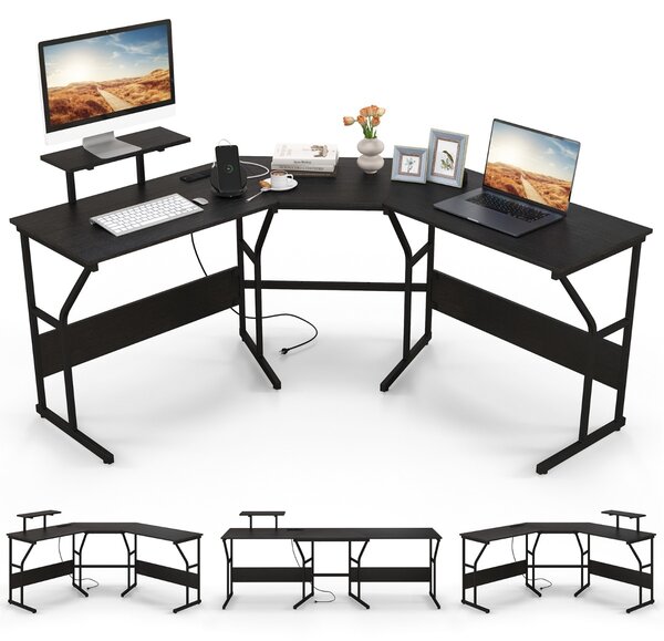 Costway Scrivania ad angolo a forma di L con presa elettrica, Scrivania per computer con supporto monitor movibile da 225cm Nero