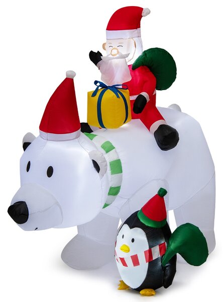 Costway Orso polare gonfiabile illuminato alto 210cm, Babbo Natale gonfiabile che cavalca orso con pinguino sacchetti regalo