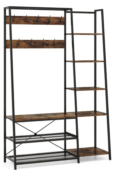 Costway Appendiabiti con ripiani 9 ganci 5 ripiani laterali e 2 ripiani in rete, Scaffale d'ingresso 5-in-1 in metallo Marrone