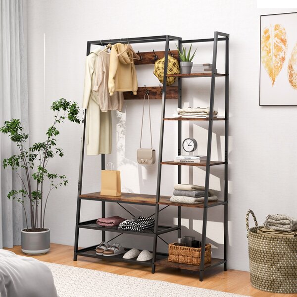Costway Appendiabiti con ripiani 9 ganci 5 ripiani laterali e 2 ripiani in rete, Scaffale d'ingresso 5-in-1 in metallo Marrone