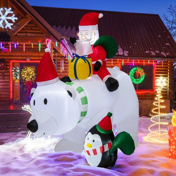 Costway Orso polare gonfiabile illuminato alto 210cm, Babbo Natale gonfiabile che cavalca orso con pinguino sacchetti regalo