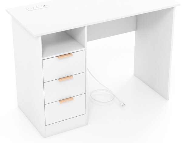 Costway Scrivania con stazione di ricarica 3 cassetti e mensola aperta, Scrivania per computer con spazio di stoccaggio Bianco