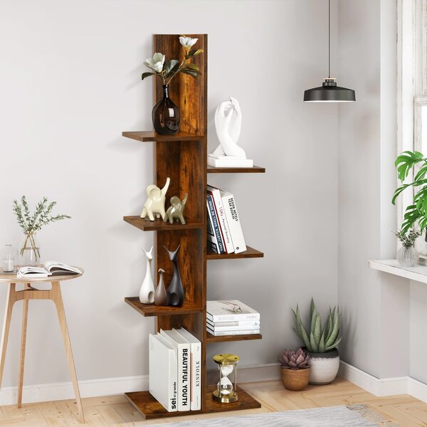 Costway Libreria ad albero autoportante a 8 ripiani in legno, Stand espositivo multifunzionale per libri e piante Marrone