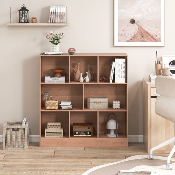 Costway Libreria a 8 cubi con 2 kit anti-ribaltamento, Organizzatore di stoccaggio a 3 ripiani in legno alto 104cm Naturale