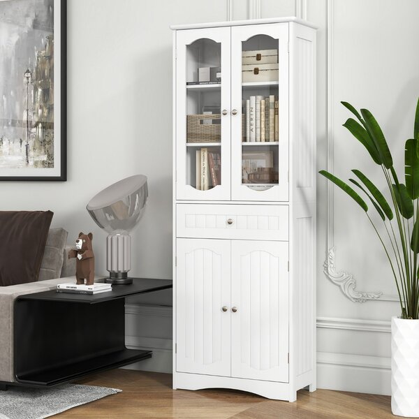 Costway Armadio da bagno alto 160cm con 2 porte in vetro 2 ripiani regolabili e 1 cassetto, Mobile autonomo per cucina Bianco