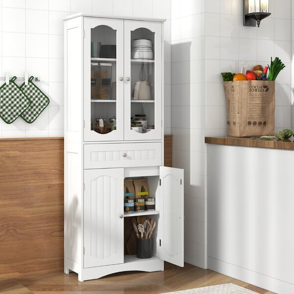 Costway Armadio da bagno alto 160cm con 2 porte in vetro 2 ripiani regolabili e 1 cassetto, Mobile autonomo per cucina Bianco