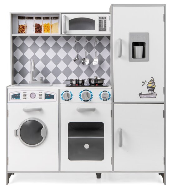 Costway Cucina giocattolo in legno integra macchina del ghiaccio e piano cottura, Cucina giocattolo integra forno e microonde Bianco