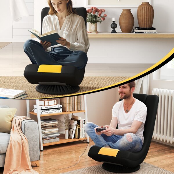 Costway Sedia da gaming girevole a 360° con 4 posizioni regolabili e supporto lombare, Divano da terra pieghevole Giallo e Nero